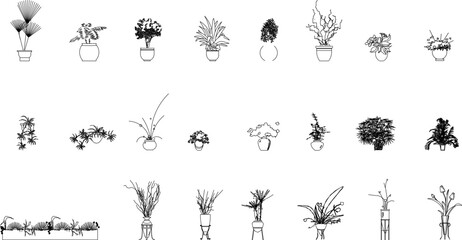 vector sketch illustration of a flower plant silhouette in a pot front view