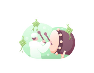 a man beats or hits a drum. Celebrating Eid al-Fitr and Eid al-Adha. an expression of joy at the arrival of the holy month of Ramadan. Ramadan Kareem. illustration concept design. vector elements