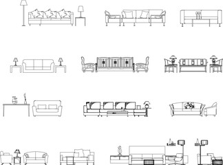 set of drawings vector sketch of black and white living room sitting sofa front view