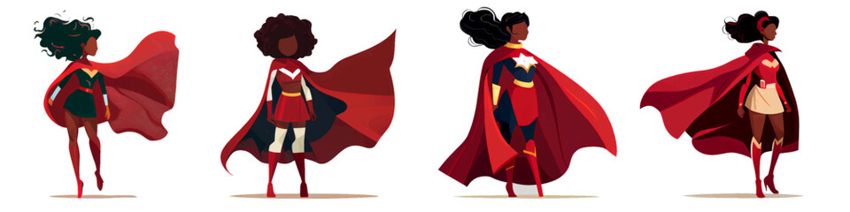 set vector illustration of superhero woman at red gown