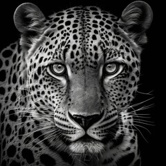 Close-up of a leopard's face in black and white high contrast (generative AI)