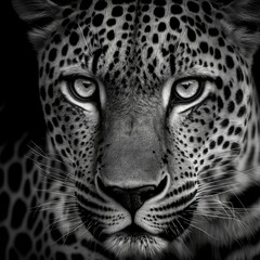 Close-up of a leopard's face in black and white high contrast (generative AI)