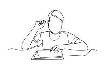 Continuous one line drawing young boy thinking about budget planning. Budget planner concept. Single line draw design vector graphic illustration.