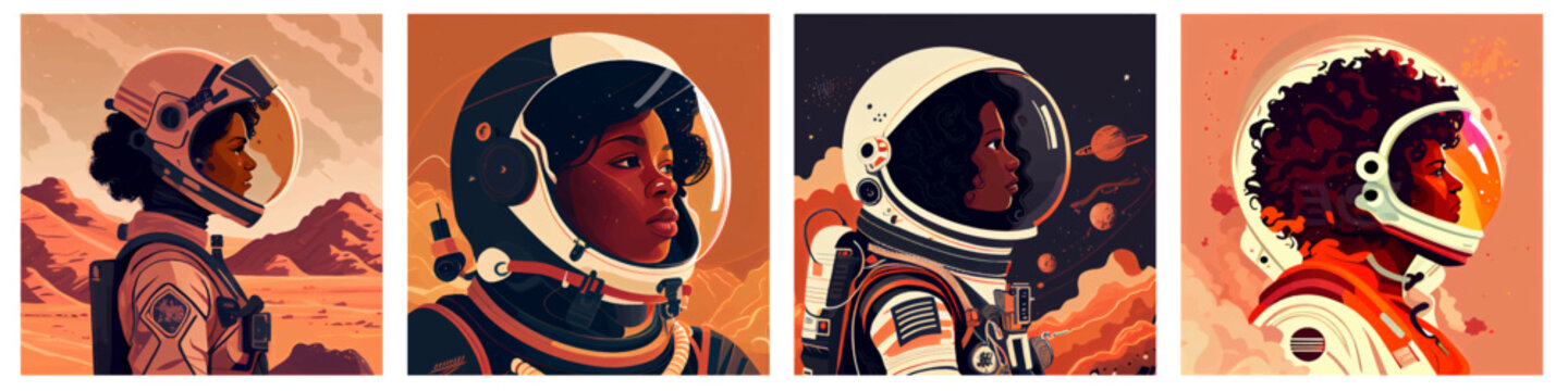 Set Vector Illustratipon Of African Woman In Space Suit At Another Planet