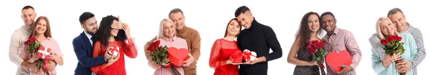 Set of happy couples on white background. Valentine's Day celebration