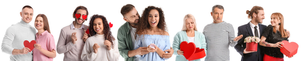 Set of happy couples on white background. Valentine's Day celebration