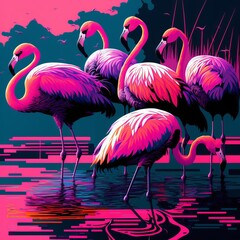 Pink and Purple Pop Art Wildlife Flamingos Animals in a Natural Wild Lagoon (generative AI) - obrazy, fototapety, plakaty