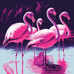 Pink and Purple Pop Art Wildlife Flamingos Animals in a Natural Wild Lagoon (generative AI)
