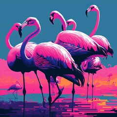 Group of flamingos in pop art style pink and purple (generative AI)