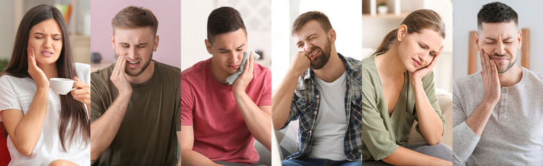 Collage with many people having toothache at home