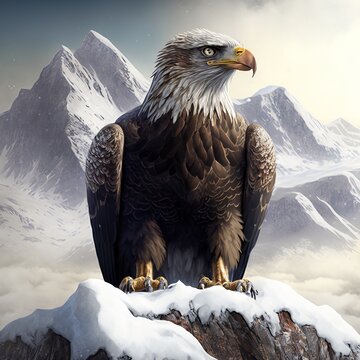 Majestic eagle in realistic snowy mountain range (generative AI)