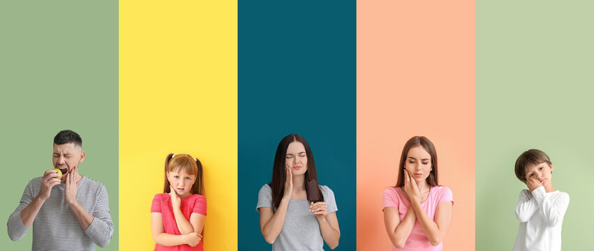 Collage with many people having toothache on color background