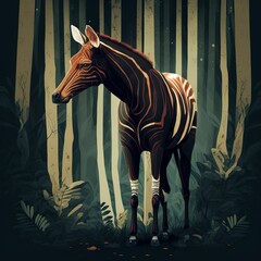 Stylized illustrated Okapi in forest (generative AI) - obrazy, fototapety, plakaty