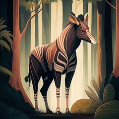 Fototapeta na wymiar Stylized illustrated Okapi in forest (generative AI)