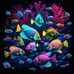 Fototapeta na wymiar Underwater scene with a school of tropical fish in bright neon colors (generative AI)