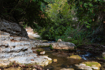 Naklejka na ściany i meble View of Kziv Stream at the end of the Black marked trail, Montfort Nahal Kziv National park, Western Galilee, Northern District of Israel, Israel. High quality photo