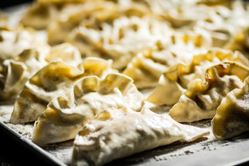 Gyoza dumplings with shrimp on a cutting board. 