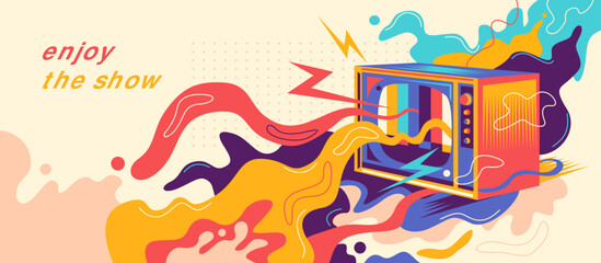 Obraz na płótnie Canvas Colorful abstract background lifestyle illustration with a retro TV set and splashing shapes. Vector illustration.