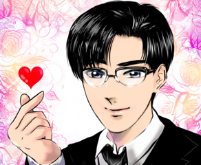 黒髪スーツ姿のメガネ先生が指でハートポーズをして優しく微笑む漫画イラストと花園背景