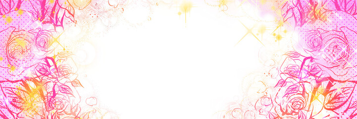 少女漫画キラキラ輝く星々とカラフルな薔薇と花びらが舞うペン画カラーイラスト透過背景