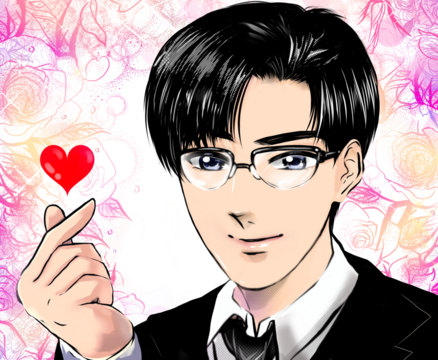 黒髪スーツ姿のメガネ先生が指でハートポーズをして優しく微笑む漫画イラストと花園背景