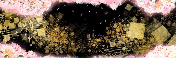 美しい金箔、金銀砂子が舞う和風テクスチャーと桜満開桜吹雪が神秘的に舞降る日本の風景背景イラスト