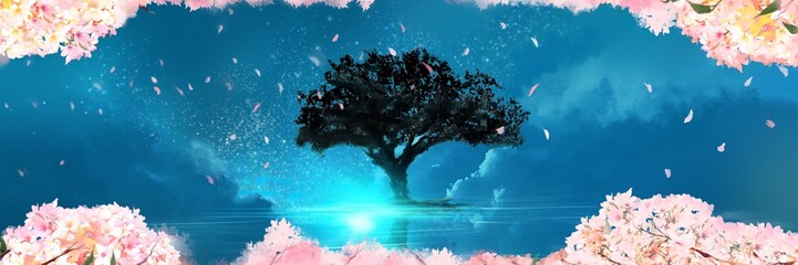Naklejka premium 海面に聳え立つ木のシルエットと桜満開フレームの神秘的なファンタジー背景イラストワイドサイズ
