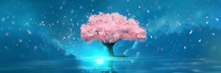 海面に聳え立つ桜満開の桜の木と花吹雪が海面に反射した神秘的なファンタジー背景ワイドイラスト
