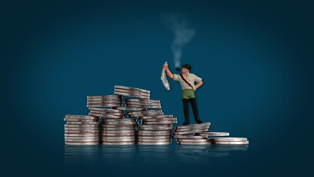 Miniature people fishing on piles of coins. Concept of income difference.
