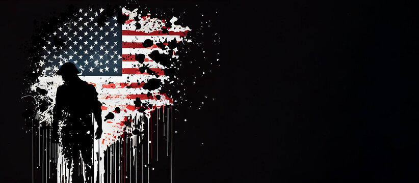 American Flag Splattered Illustration With Soldier Silhouette Images as Background, Generative Ai