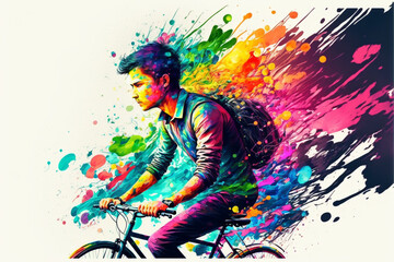 Young man riding a bicycle with a shoulder bag, colorful energy, Generative AI	