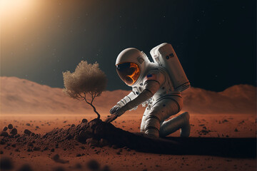 An astronaut planting a tree on Mars