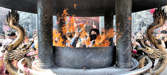 The Lunar New Year`s Day when the crowds are still lively at Zhulinshan Temple in Linkou, New Taipei City, Taiwan