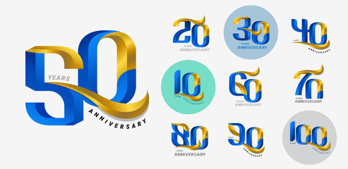 Set of anniversary logotype modern luxury gold and blue number