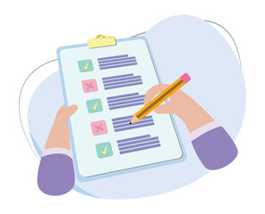 hands holding clipboard with checklist with green check mark and pencil. human filling control list on notepad. concept of survey, quiz, to-do list or agreement. vector illustration in flat style