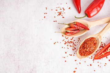 Spoons with chipotle chili flakes and dried jalapeno peppers on light background