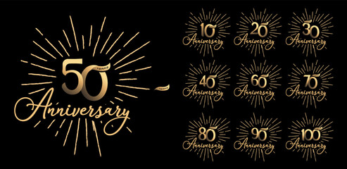 Set of anniversary logo numbers and fireworks with lettering style