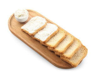 Wooden board with bread rusks and cream cheese on white background