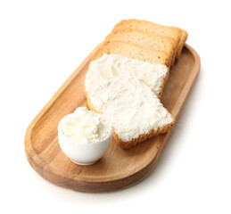 Fototapeta na wymiar Wooden board with bread rusks and cream cheese on white background