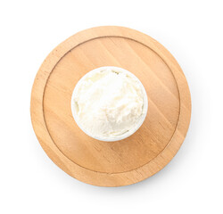 Wooden board with bowl of tasty cream cheese on white background