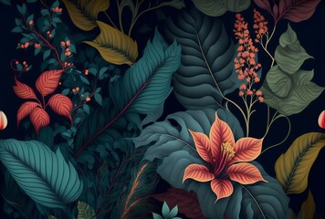 wallpaper design featuring a repeating pattern of different types of leaves and flowers in a bold, graphic style, with a contrasting background colour (AI Generated)