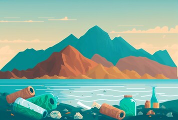 close-up shot of plastic bottles and other trash washed up on a beach with a picturesque mountain range in the background, DIGITAL ART (AI Generated)