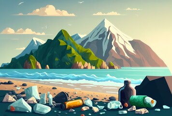 close-up shot of plastic bottles and other trash washed up on a beach with a picturesque mountain range in the background, DIGITAL ART (AI Generated)