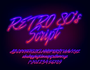 Retro 80s Script alphabet font. Glowing neon letters and numbers. Uppercase and lowercase. Stock vector typeface for your design.
