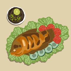 Grilled gourami or Gurame bakar with red barbeque sauce, vegetables, and chilli sauce on a white plate. Food illustration vector. Food cartoon.