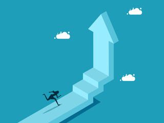 Businesswoman running up the arrow ladder. career growth personal development vector illustration eps