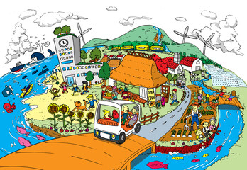 地方創生SDGs・環境にやさしい循環型の緑豊かで活力あふれる農村地域のイラスト