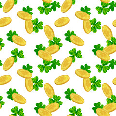 Festive vector background for St. Patrick's Day. Seamless pattern of clover leaves and golden coins. Symbols of one of the main holidays in Ireland. Clipart for wrapping paper, festive background.