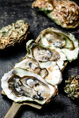 There are fresh oysters on the cutting board. 