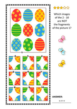 Easter puzzle with painted eggs pattern and fragments: What of the 2 - 10 are not the fragments of the picture 1? Answer included.
